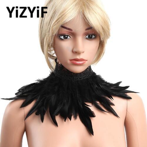 Victorian Gothic Natural Feather Collar Choker Lace Embroidery Shrug Shawl Shoulder Wrap Cape with Ribbon Ties for Costume Decor