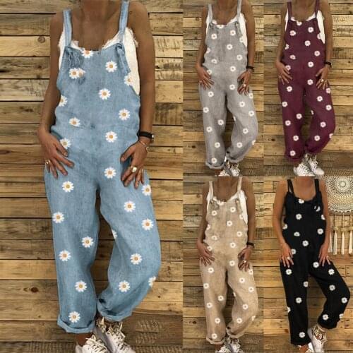 Women Fashion Jumpsuit 2021 Summer Chrysanthemum Print Shoulder Strap Women Loose Sleeveless Backless Romper for Daily Wear