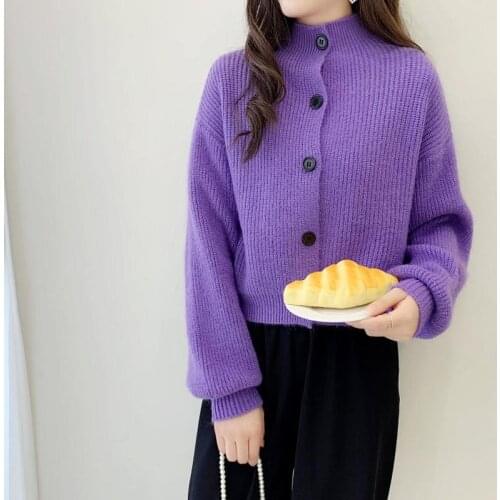 2021 Autumn Fashion New Korean Turtleneck Single-Breasted Sweater Womens Cardigans Loose Long-Sleeved Knit Cardigans Purple