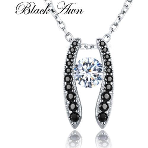 [BLACK AWN] Romantic 925 Sterling Silver Jewelry "H" Necklace for Women Black Spine Female Gift K009
