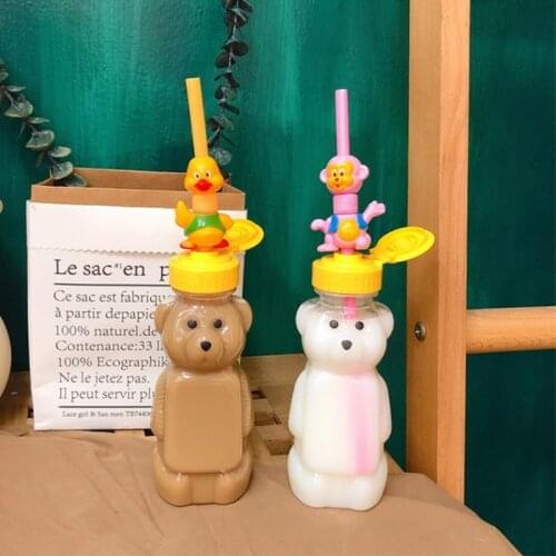 Lovely Cartoon Bear Straw Cup Water Bottle with Lid Leakproof Reusable Home Travel Couples Children Festival Gift 250ml