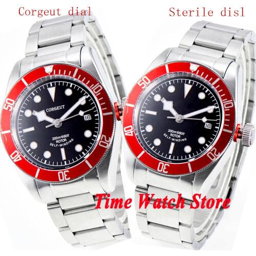 CORGEUT 41mm Miyota8215 20ATM wristwatch Automatic mens watch black dial date luminous sapphire glass red bezel steel bracelet