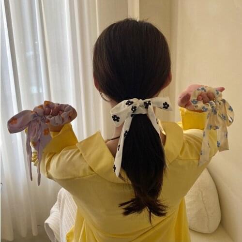 French Temperament Printed Bowknot Satin Ribbon Hair Ring Sweet Little Flower Hair Rope Go Out Tie Hair Headdress Headband