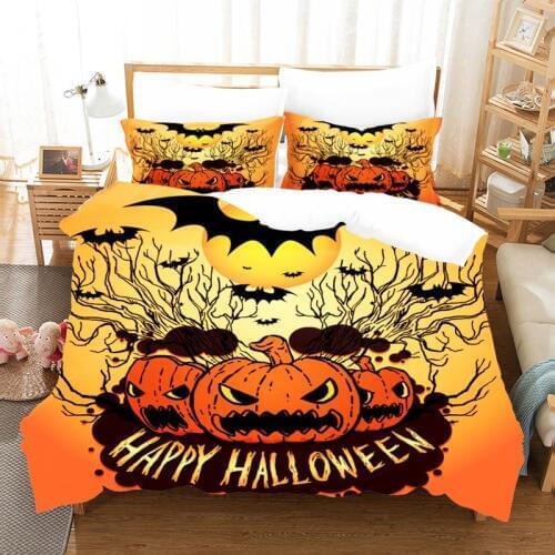 2/3pcs Halloween Bedding Set Orange Quilt Cover Bats Skull Duvet Cover King Dropship Bat Bed Set Black Cartoon Kids Boys Girls