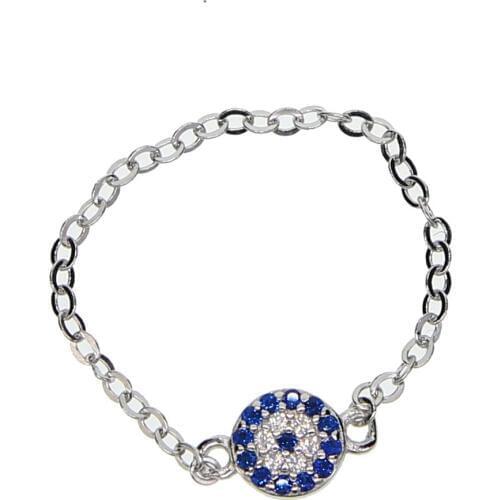Tiny round evil eye disco charm 925 sterling silver size 6 7 8 delicate chain band fashion minimal finger ring
