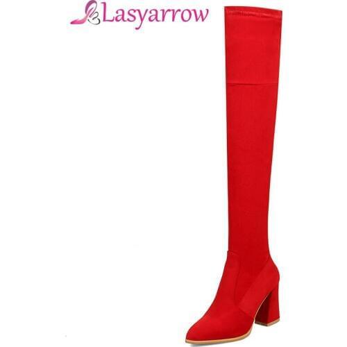 Lasyarrow Sexy Stretch Slim Over the Knee Boots Womens Black Red Thigh High Long Boots Flock Chunky High Heel Botas Feminina