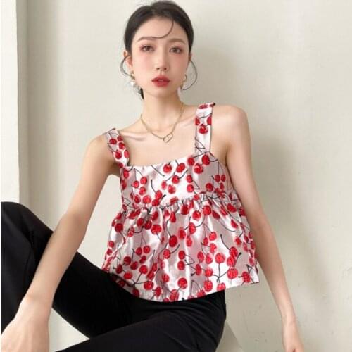 New summer 2021 happy small cherry wide edge a-line baby shirt age reduction sleeveless halter top