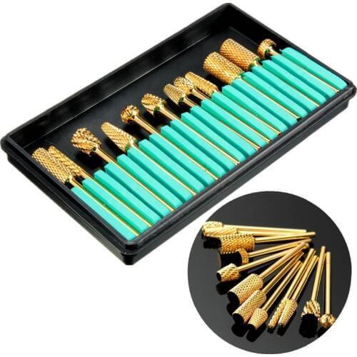 Wholesale Super Sharp Golden Polished Diamond Drill Bit Grinding Head Electric Nail Drill Bit Polishing 10sets/lot free shipping