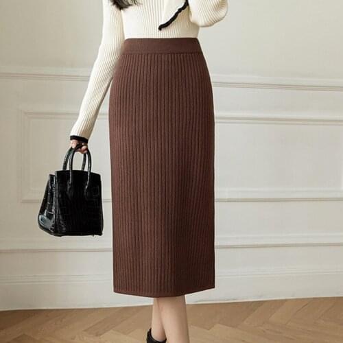Autumn Winter Ladies Mid-Length Casual Fashion High-Waist Hip-Wrap Woolen Knitted Skirt Faldas Mujer Moda 2021 A194