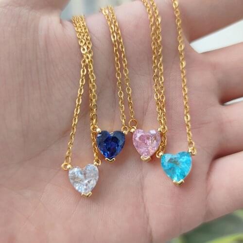 Birthstone Heart Necklace For Women Lover Gold Stainless Steel Chain Female Pendant Necklace Sweet Zircon Heart Jewlery 2021 BFF