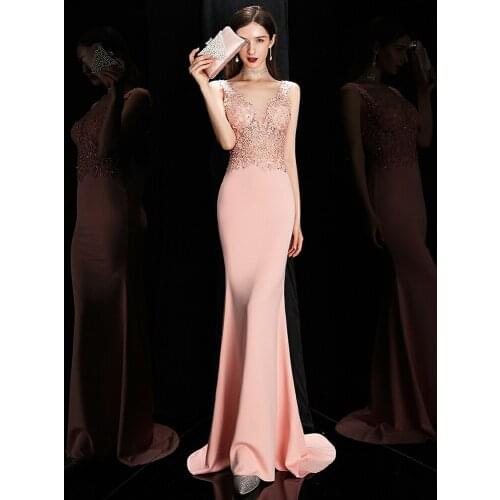 Luxury Pink Prom Dresses Mermaid V-Neck Satin Lace Appliques Beaded Sleeveless Sexy Wedding Party Guests Evening Gowns 2021 New