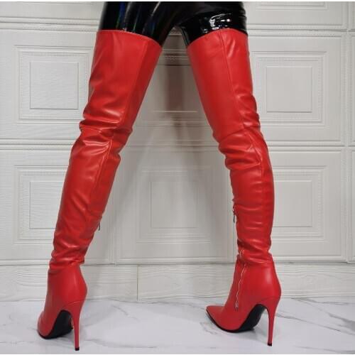 Dovereiss Fashion Womens Shoes Winter Pointed Toe Stilettos Heels Pure color red Zipper Elegant Over the knee boots 36-47