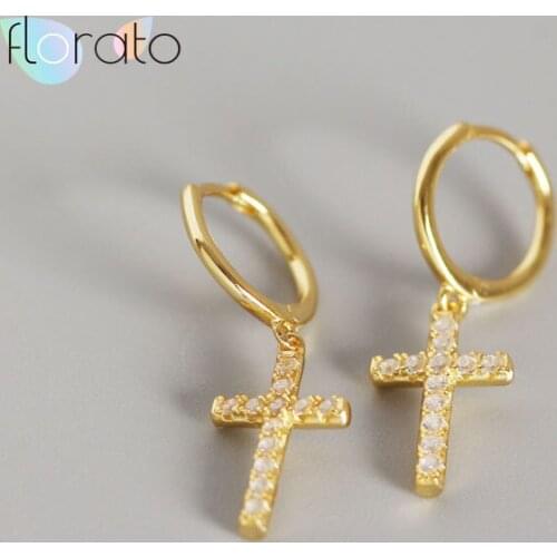 925 Sterling Silver Dainty Cross-shaped Pave Cubic Zirconia Pendant Huggie Hoop Earrings For Women Gift