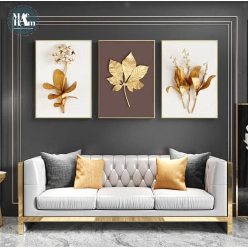 Nordic Golden leaf plant Wall Art Canvas Painting Golden Art Poster Print Wall Picture for Living Room Dinning Room