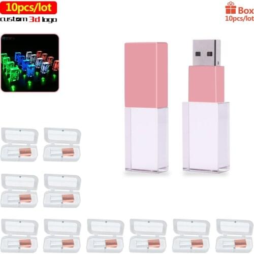 10pcs/lot LED Crystal usb sticks free logo USB 2.0 4GB 8GB 16GB 32GB 64GB 128GB usb flash drive transparent glass gifts pendrive
