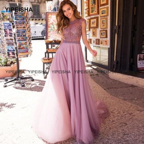 Yipeisha Scoop A-line Evening Dresses Appliqued Beading Long Prom Gown Robe de Soiree Tulle Backless Party Dress