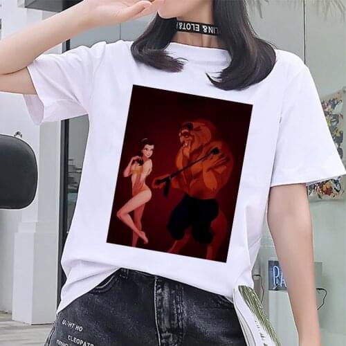Retro Womens Casual T-shirt Fashion Beauty and Beast Funny Printing T shirt Female O-Neck Cartoon Short Sleeve Harajuku T shirt