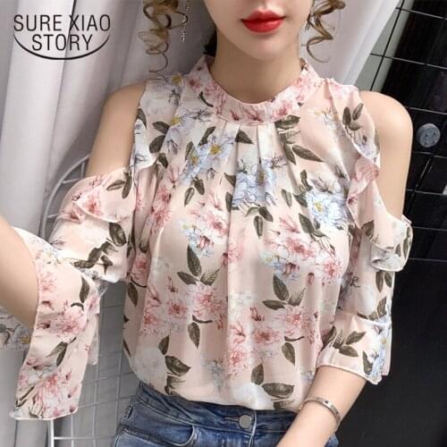 Korean Floral Short Sleeve Women Shirts 2021 Summer Off-the-shoulder Chiffon Blouse Women Elegant Printing Female Clothing 13708