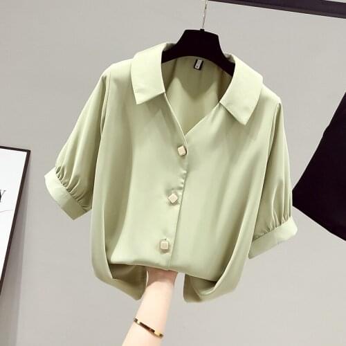 Button Chiffon Women Shirts Summer New 2021 Turn-Down Collar Short-Sleeved Slim Elegant Office Lady Outwear Tops