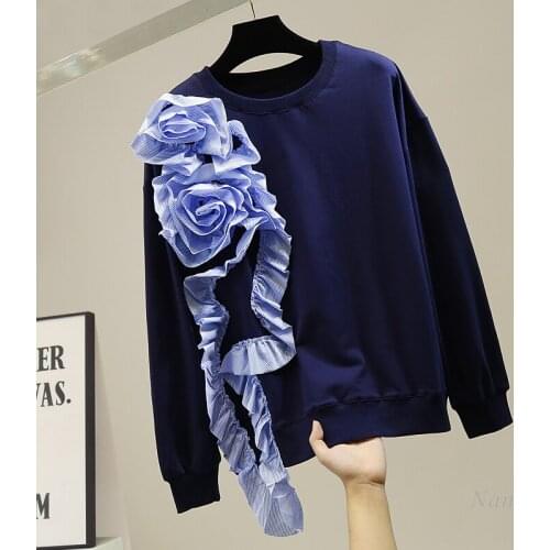 Womens Hoodies Heavy Industry Three-Dimensional Flower Irregular Rrffles Stitching Leisure Loose Long Sleeve Sweatershirt