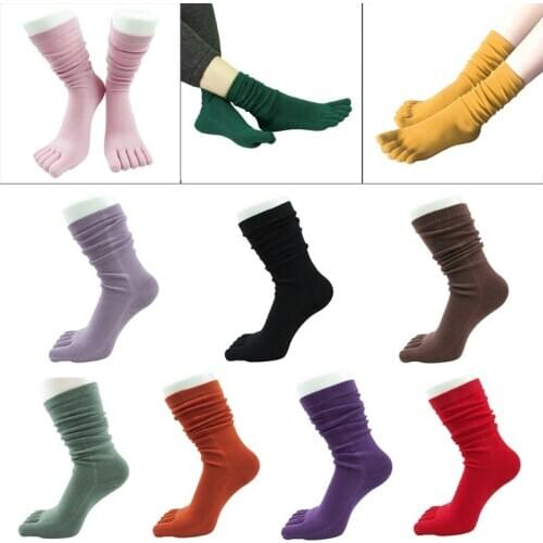 Women Spring Autumn Five Finger Long Tube Socks Simple Solid Color Soft Casual Breathable Toe Separated Yoga Cotton Hosiery
