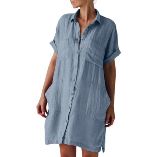 Fashion Women Short Sleeve With Buttons Pockets V-neck Irregular Pocket Shirt Type Dress Streetwear Solid Color Ladies Dresses
