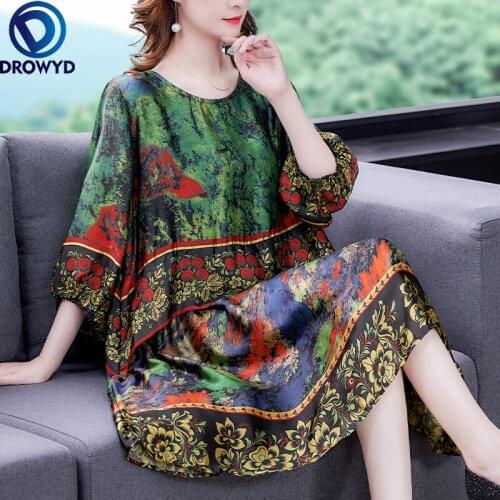 Silk Dress Female 2021 Spring Summer New Retro Elegant Loose Printed Midi Dress Fashion Korean Clothes for Women Party Vestidos