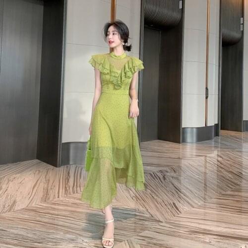 Fashion women cute elegant summer dot chiffon formal dress new arrival party vintage high quality beach long a-line dress