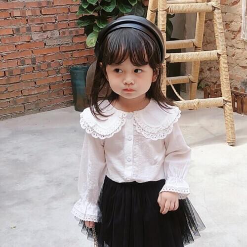 2020 Autumn School Girls Blouse White Girl Lace Shirts Cotton Long Sleeve Turn-down Collar Baby Toddler Blouse Clothes Kids Tops