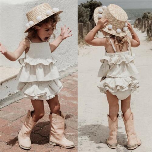 Boho Summer Toddler Kids Baby Girl Ruffle Clothes White Outfits Sleeveless Strap Vest Tops Tutu Shorts Headband 3Pcs Sets 6M-4Y