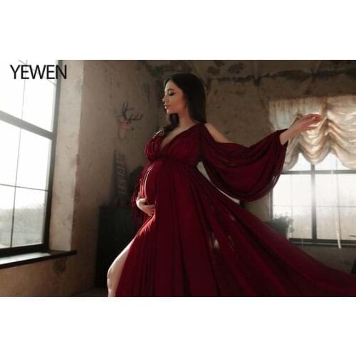 Burgundy Long Maternity Dresses for Baby Showers V Neck Chiffon Pregnant Dresses For Women Maxi Maternity Gowns Plus Size