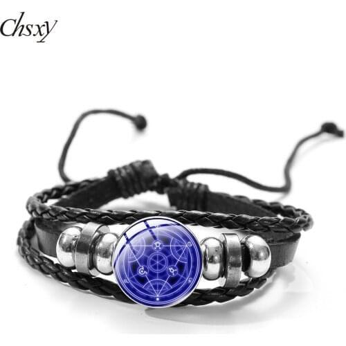 CHSXY Pentagram Matrix Bracelet Obsidian Symbol Glass Snap Leather Bracelet Cool Personality Adjustable Rope Chain Ins Jewelry
