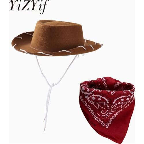 Drawstring Western Cowboy Hat Kids Christmas Non-woven Rope Brim Hat with Pattern Print Bandanna