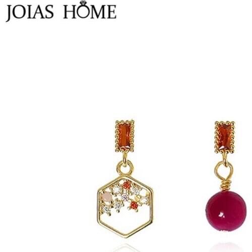 JoiasHome Asymmetric Drop Earrings for Women Short Silver 925 Jewelry Round Gemstones Female Ear drops Trendy Girls Dating Gift