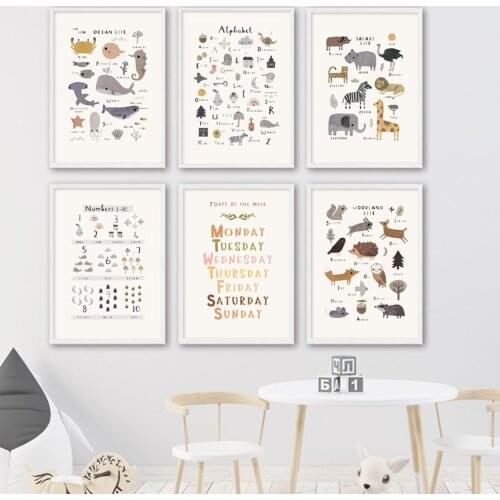 Ocean Animals Fish Art Canvas Painting Enlightenment Nordic Posters And Prints Alphabet Number Wall Pictures For Kids Room Decor