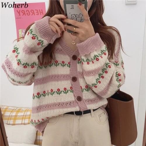 Woherb Korean Elegant V Neck Women Thin Cardigans 2021 Chic Vintage Floral Jacquard Sueter Mujer Sweet Cute Knit Sweater Coat