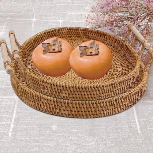Rattan Handwoven Round Serving Tray Food Storage Plate with Wooden Handles Wicker Basket Wooden Tray for Fruit Tea Breadbasket