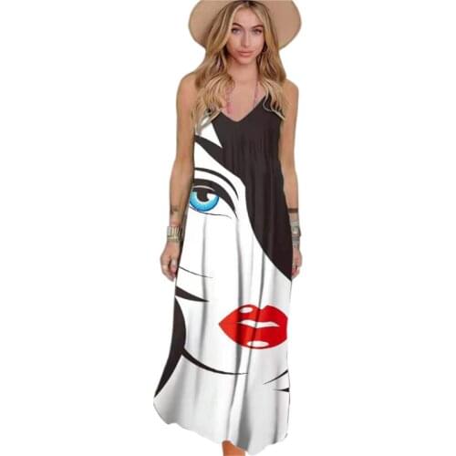 Summer Women Long Dress 2021 Fashion Sexy 3D Face Printed Sleeveless Loose Ladies Dress Casual Vintage Elegant Beach Dresses
