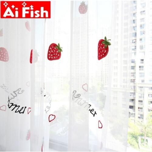 Cute Red Strawberry Embroidered Tulle Voile Curtains for Childrens Bedroom Korean Sweety Fruit Sheer Blinds Drapes MY327-5