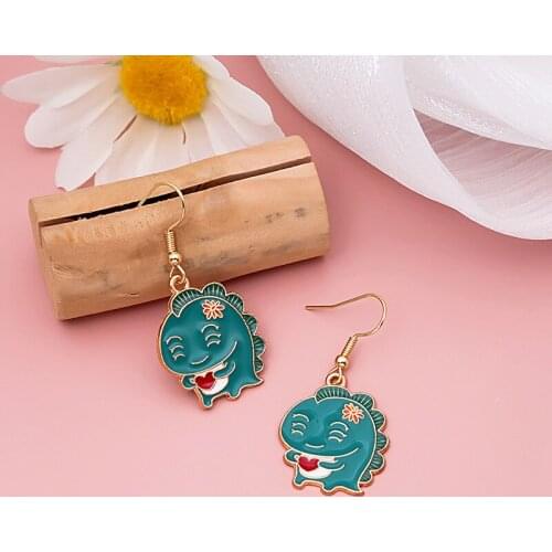 Cute Cartoon Dinosaur Earrings for Women Girls Korean Funny Green Dangle Drop Earrings Animal Fashion Jewelry Wholesale Gift