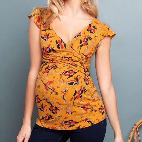 Fashion Maternity Wear Sleeveless Printed V-Neck Cross Care T-Shirt Casual Maternity Top Comfortable Multi-Color Multi-Size