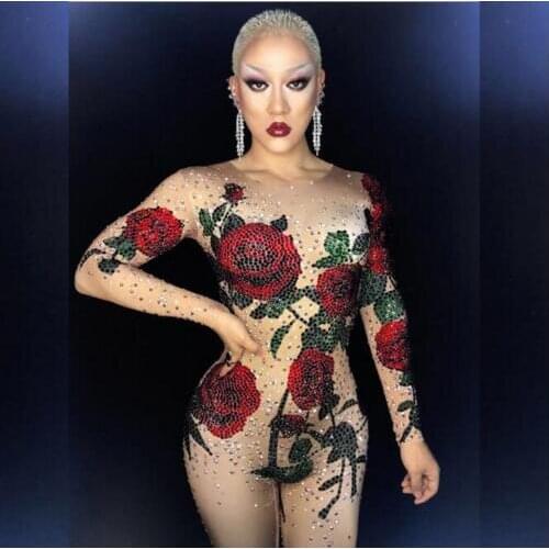 Fashion Bright Crystals Rose Flower Jumpsuit Women Sexy Outfit Party Costumes Stage Wear Dance Singer RhinestoneS Rompers