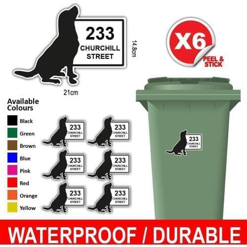 6X Personalised Printed Wheelie Bin Number Stickers with House Number And Street Name Sitting Dog Style