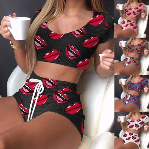 New 2 Piece Womens Yoga Outfit Printed Short Sleeve Round Neck Tops Shorts Pajama Set Women Workout Clothes Gym Tracksuit