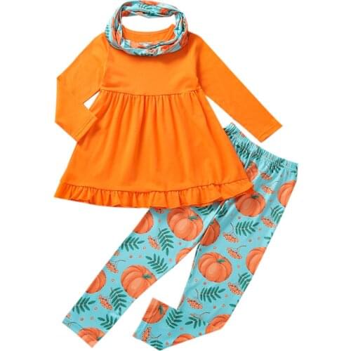 Citgeett Autumn Halloween Kids Baby Girls Clothes Set Orange Pullover Pumpkin Printed Pattern Pants Clothes