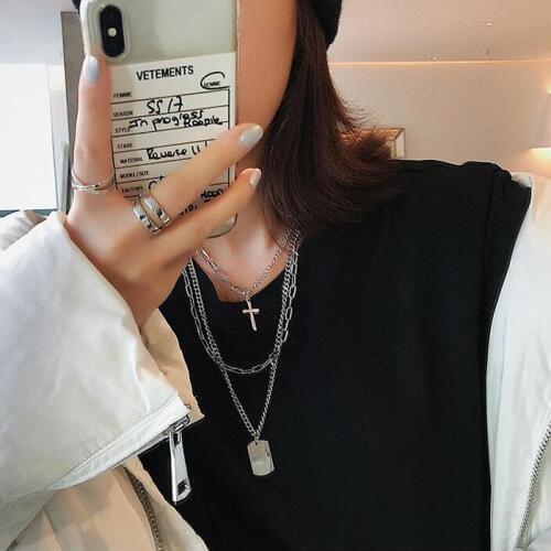 Rongho Hiphop Cross chokers necklaces for women multi chains necklace Vintage metal coin shield pendant necklace femme bijoux