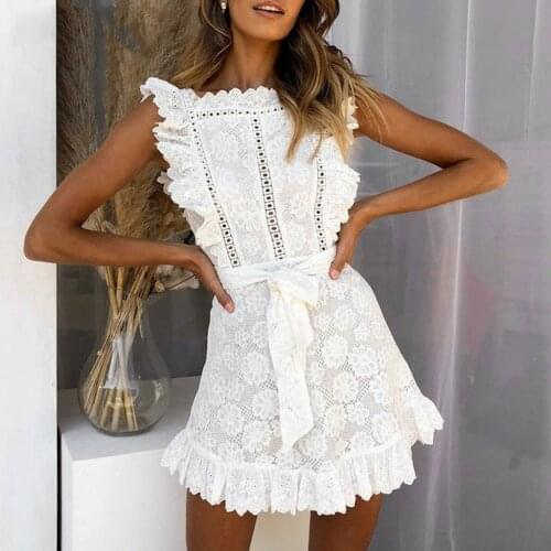 Ruffle Floral Lace Dress Women Elegant White Summer Dress Sleeveless Casual Dresses For Women Vestidos De Verano Robe Femme Ete