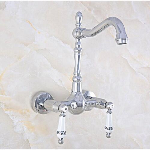 Polished Chrome Brass Wall Mounted Bathroom Kitchen Sink Faucet Swivel Spout Mixer Tap Dual Ceramics Handles Levers mnf565