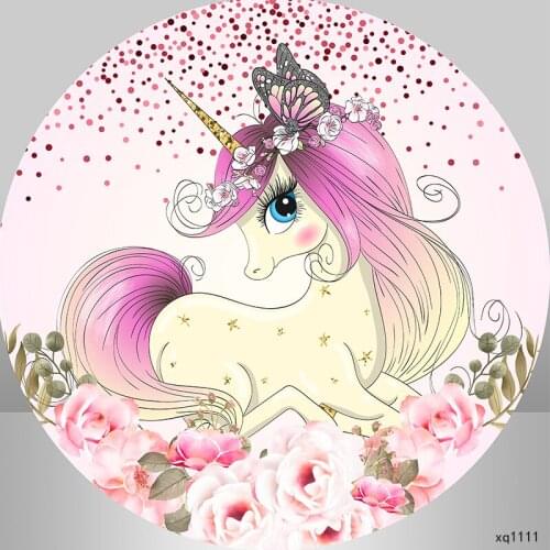 Sensfun Unicorn Happy Birthday Party Round Backdrop Newborn Children Portrait Purple Flowers Baby Shower Photography Background