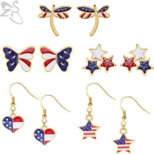 ZS 1 Pair The American Flag Pattern Stud Earring Butterfly Heart Star Shape Hook Ear Studs Ear Helix Cartilage Piercing Earrings